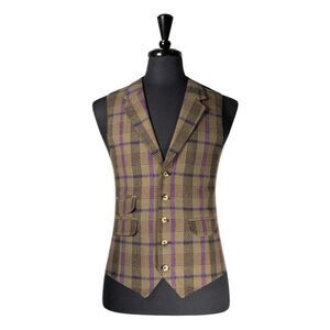 Mens 42R Wool Vest Brown Purple Plaid Waistcoat Formal Wedding Preppy Casual